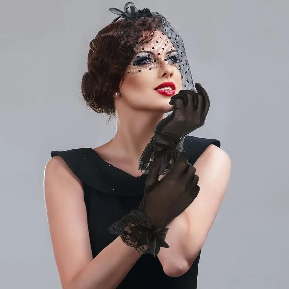 Women's Evening Black Short Bow Lace Gloves Mitten Party Costume Accessories
